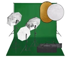 Fotostudijos rinkinys su šviestuvais, fonu ir reflektoriumi