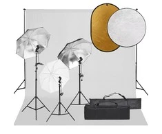 Fotostudijos rinkinys su šviestuvais, fonu ir reflektoriumi