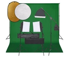 Fotostudijos rinkinys su šviestuvais, fonu ir reflektoriumi