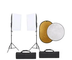 Fotostudijos rinkinys su šviestuvais, fonu ir reflektoriumi