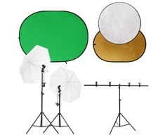 Fotostudijos rinkinys su šviestuvais, fonu ir reflektoriumi
