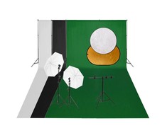 Fotostudijos rinkinys su šviestuvais, fonu ir reflektoriumi