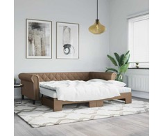 Ištraukiama lova su čiužiniais, ruda, 90x200cm, dirbtinė oda