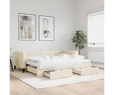 Ištraukiama lova su stalčiais, kreminė, 90x200cm, audinys