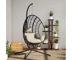Kabantis kiaušinio formos krėslas, smėlio, ratanas ir plienas