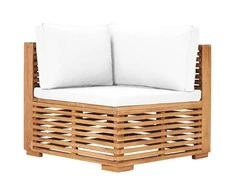 Kampinė sodo sofa su kreminėmis pagalvėlėmis, tikmedžio masyvas