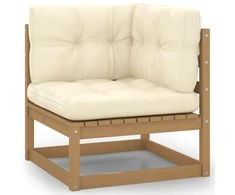 Kampinė sodo sofa su kreminėmis pagalvėlėmis, pušies masyvas