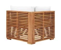 Kampinė sodo sofa su kreminėmis pagalvėlėmis, tikmedžio masyvas