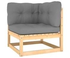 Kampinė sodo sofa su pilkomis pagalvėlėmis, pušies masyvas