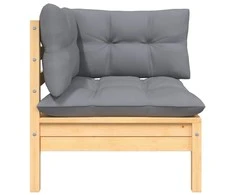 Kampinė sodo sofa su pilkomis pagalvėlėmis, pušies masyvas