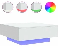 Kavos staliukas su LED lemputėmis, baltos spalvos, 80x80x31cm