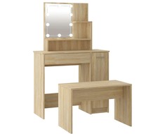 Kosmetinio staliuko komplektas su LED, ąžuolo, apdirbta mediena