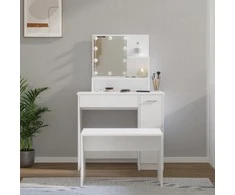 Kosmetinio staliuko komplektas su LED, baltas, apdirbta mediena