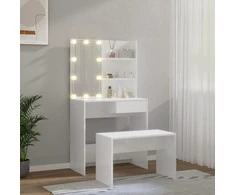 Kosmetinio staliuko komplektas su LED, baltas, mediena, blizgus