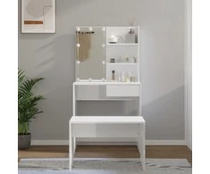 Kosmetinio staliuko komplektas su LED, baltas, mediena, blizgus
