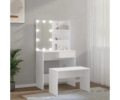 Kosmetinio staliuko komplektas su LED, baltas, apdirbta mediena