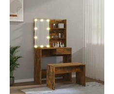 Kosmetinio staliuko komplektas su LED, dūminio ąžuolo, mediena