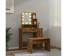Kosmetinio staliuko komplektas su LED, dūminio ąžuolo, mediena