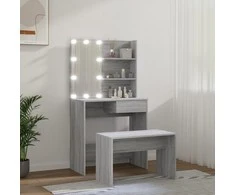 Kosmetinio staliuko komplektas su LED, pilkas ąžuolo, mediena