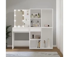 Kosmetinis staliukas su LED ir 2 spintelėmis, baltas, mediena