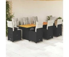 Lauko baldų komplektas Bistro komplektas su pagalvėlėmis, 9 dalių, juodas, poliratanas