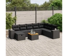 Sofa Sodo komplektas su pagalvėlėmis, 9 dalių, juodas, poliratanas