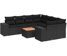 Sofa Sodo komplektas su pagalvėlėmis, 9 dalių, juodas, poliratanas