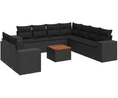 Sofa Sodo komplektas su pagalvėlėmis, 10 dalių, juodas, poliratanas