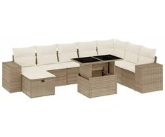 Sofa Sodo komplektas su pagalvėlėmis, 9 dalių, smėlio, poliratanas