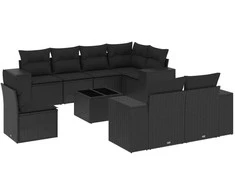 Sofa Sodo komplektas su pagalvėlėmis, 9 dalių, juodas, poliratanas
