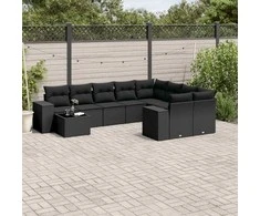 Sofa Sodo komplektas su pagalvėlėmis, 10 dalių, juodas, poliratanas