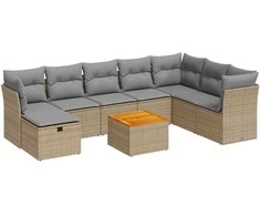 Sofa Sodo komplektas su pagalvėlėmis, 9 dalių, smėlio, poliratanas
