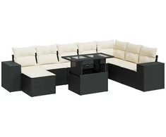Lauko baldų komplektas Sodo komplektas su pagalvėlėmis, 9 dalių, juodas, poliratanas
