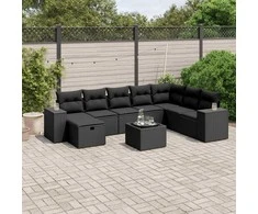 Sofa Sodo komplektas su pagalvėlėmis, 9 dalių, juodas, poliratanas