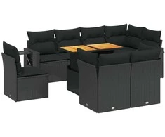 Lauko baldų komplektas Sodo komplektas su pagalvėlėmis, 9 dalių, juodas, poliratanas