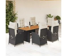 Lauko baldų komplektas Sodo komplektas su pagalvėlėmis, 7 dalių, juodas, poliratanas