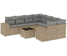 Sofa Sodo komplektas su pagalvėlėmis, 9 dalių, smėlio, poliratanas