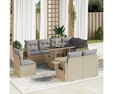 Lauko baldų komplektas Sodo komplektas su pagalvėlėmis, 9 dalių, smėlio, poliratanas