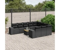 Sofa Sodo komplektas su pagalvėlėmis, 11 dalių, juodas, poliratanas