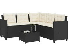 Sodo sofa su stalu/pagalvėlėmis, juoda, poliratanas, L formos