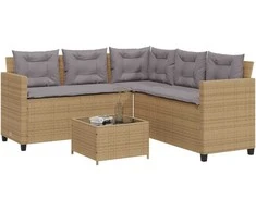 Sodo sofa su stalu/pagalvėlėmis, smėlio, poliratanas, L formos
