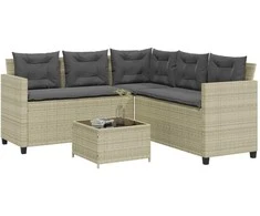 Sodo sofa su stalu/pagalvėlėmis, pilka, poliratanas, L formos
