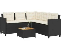 Sodo sofa su stalu/pagalvėlėmis, juoda, poliratanas, L formos