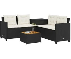 Sodo sofa su stalu/pagalvėlėmis, juoda, poliratanas, L formos