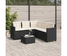 Sodo sofa su stalu/pagalvėlėmis, juoda, poliratanas, L formos