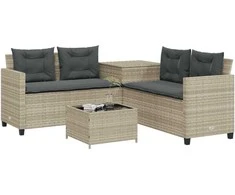Sodo sofa su stalu/pagalvėlėmis, pilka, poliratanas, L formos