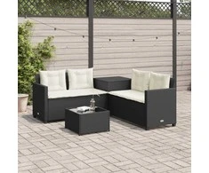 Sodo sofa su stalu/pagalvėlėmis, juoda, poliratanas, L formos