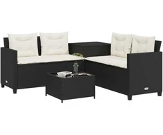 Sodo sofa su stalu/pagalvėlėmis, juoda, poliratanas, L formos