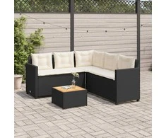 Sodo sofa su stalu/pagalvėlėmis, juoda, poliratanas, L formos