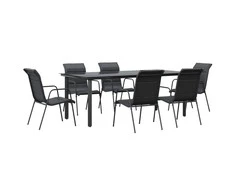 Lauko baldų komplektas Sodo valgomojo komplektas, 7 dalių, juodas, plienas/tekstilenas
